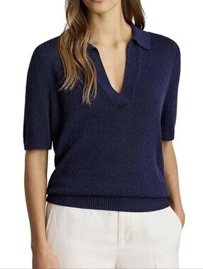 J.Crew Wool Navy Ribbed Johnny Collar Short Sleeve Sweater